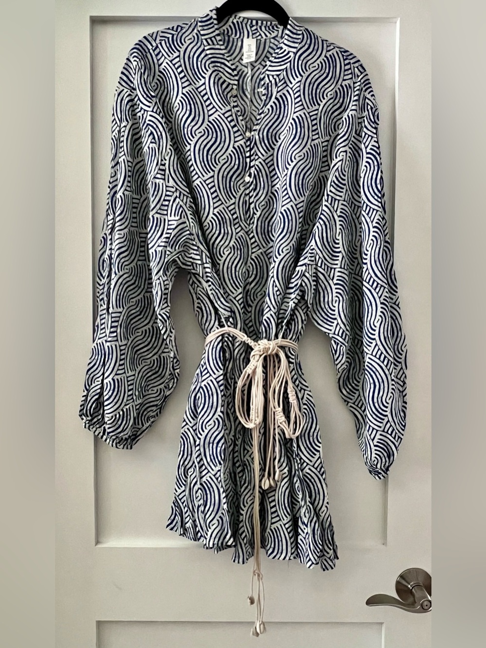 Navy and White Patterned Tie-Waist Tunic